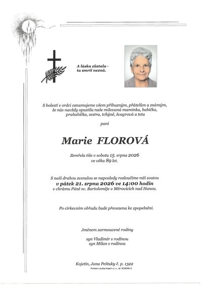 Smuteční oznámení – Marie Florová