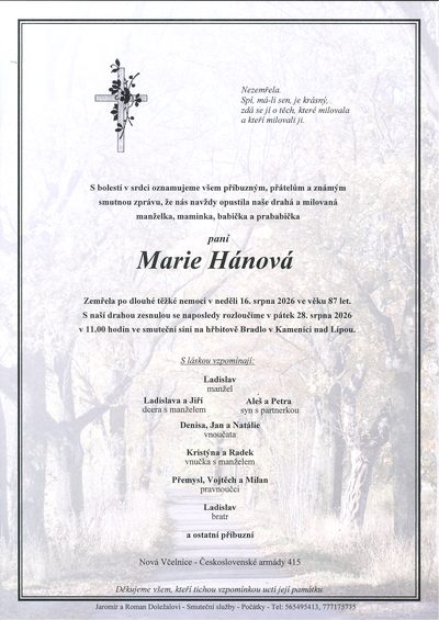 Smuteční oznámení – Marie Hánová