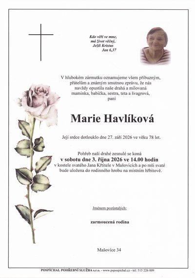 Smuteční oznámení – Marie Havlíková