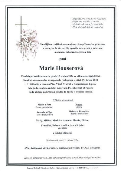 Smuteční oznámení – Marie Houserová