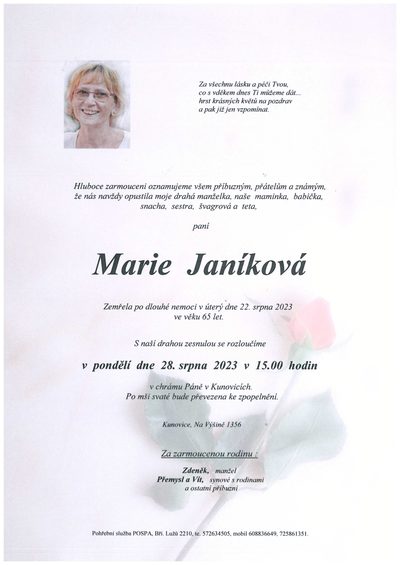 Smuteční oznámení – Marie Janíková