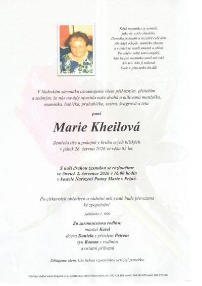 Smuteční oznámení – Marie Kheilová