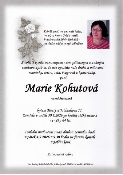 Smuteční oznámení – Marie Kohutová