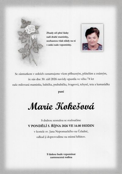 Smuteční oznámení – Marie Kokešová