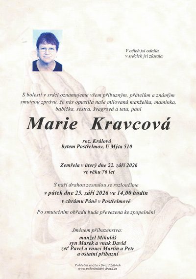 Smuteční oznámení – Marie Kravcová
