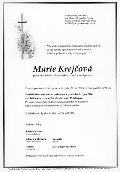 Smuteční oznámení – Marie Krejčová