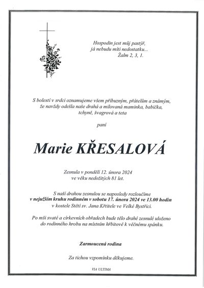Smuteční oznámení – Marie Křesalová
