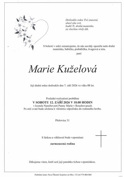 Smuteční oznámení – Marie Kuželová