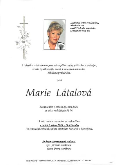 Smuteční oznámení – Marie Látalová