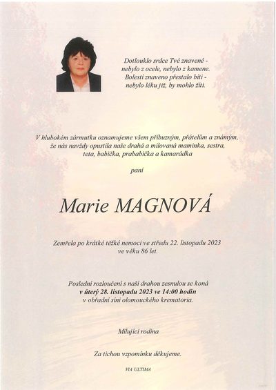 Smuteční oznámení – Marie Magnová