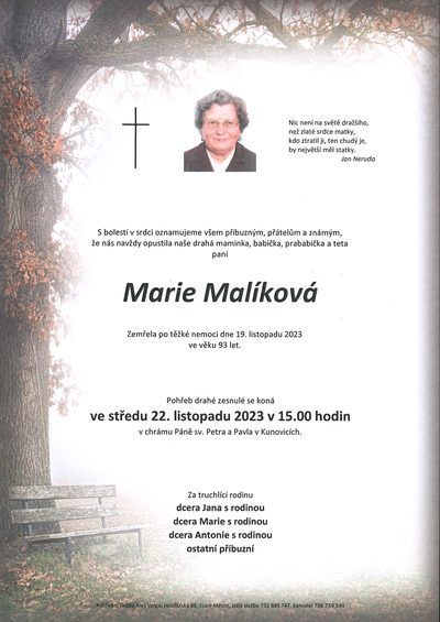 Smuteční oznámení – Marie Malíková
