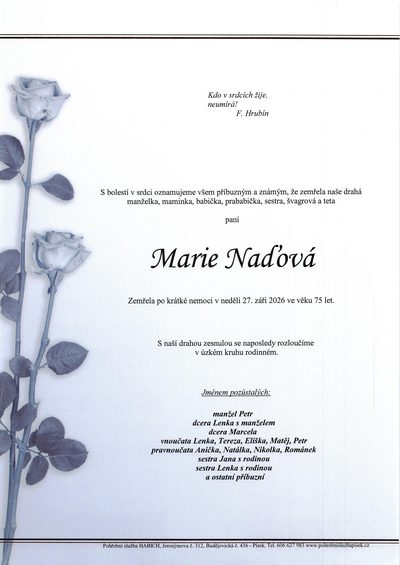 Smuteční oznámení – Marie Naďová Nadová