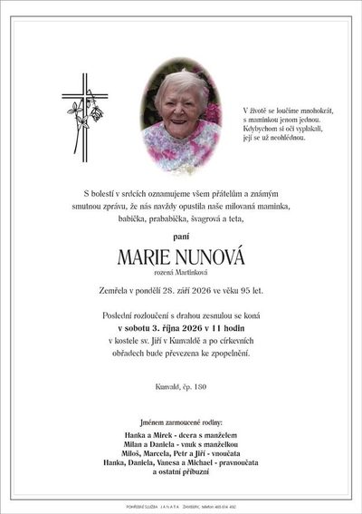 Smuteční oznámení – Marie Nunová