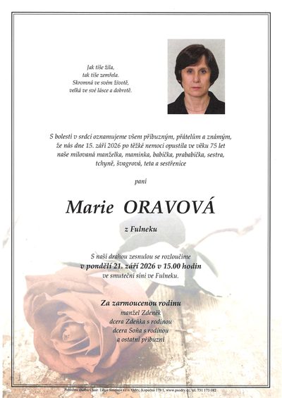 Smuteční oznámení – Marie Oravová
