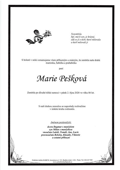 Smuteční oznámení – Marie Pešková