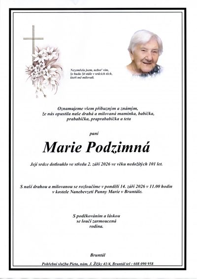Smuteční oznámení – Marie Podzimná
