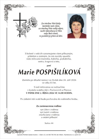 Smuteční oznámení – Marie Pospišilíková