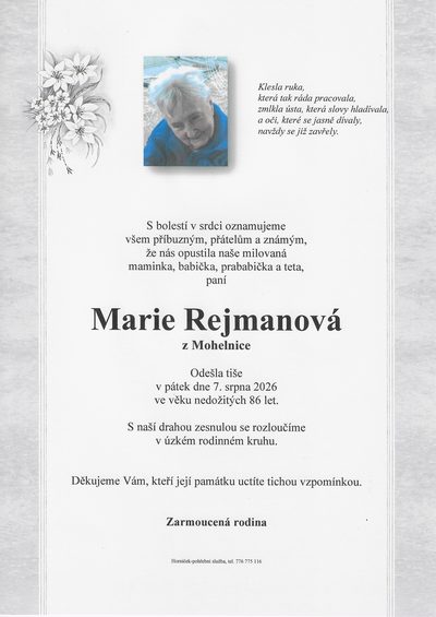 Smuteční oznámení – Marie Rejmanová