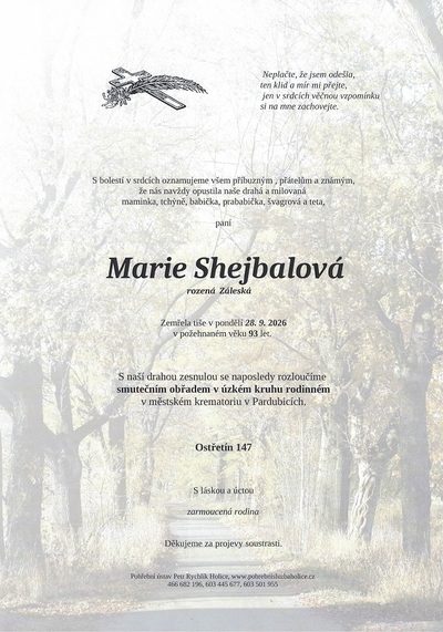 Smuteční oznámení – Marie Shejbalová