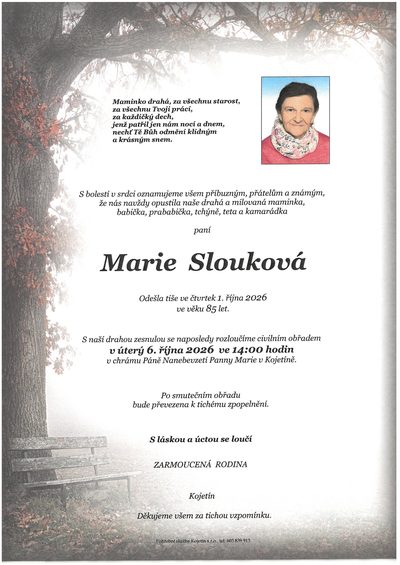 Smuteční oznámení – Marie Slouková
