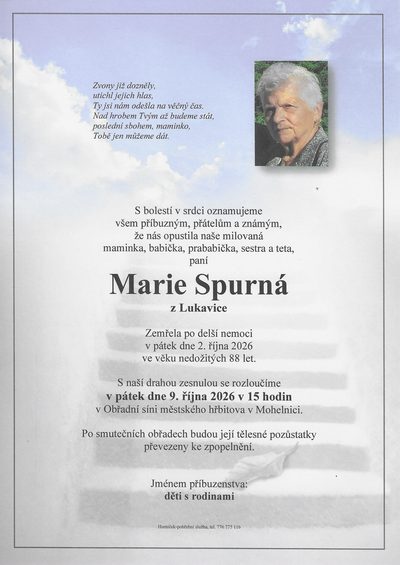 Smuteční oznámení – Marie Spurná
