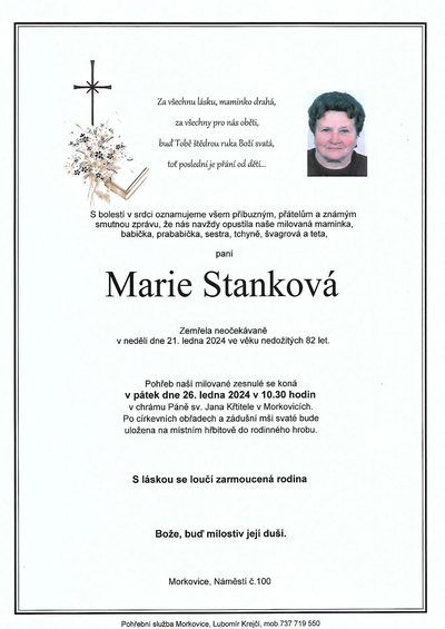 Smuteční oznámení – Marie Stanková