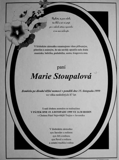Smuteční oznámení – Marie Stoupalová