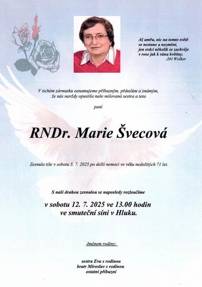 Smuteční oznámení – RNDr. Marie Svecová