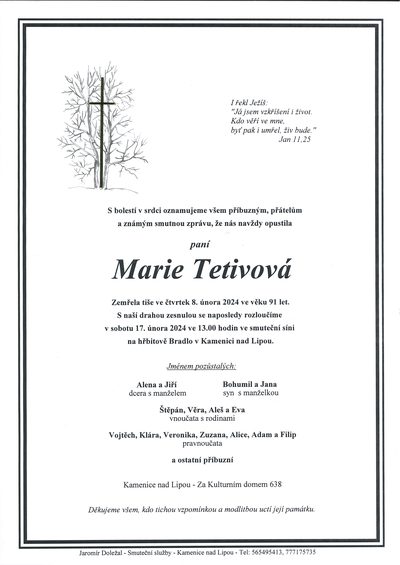 Smuteční oznámení – Marie Tetivová