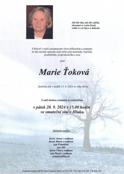Smuteční oznámení – Marie Toková