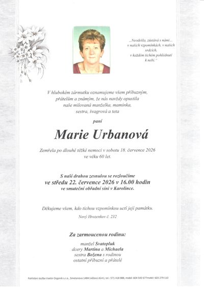 Smuteční oznámení – Marie Urbanová