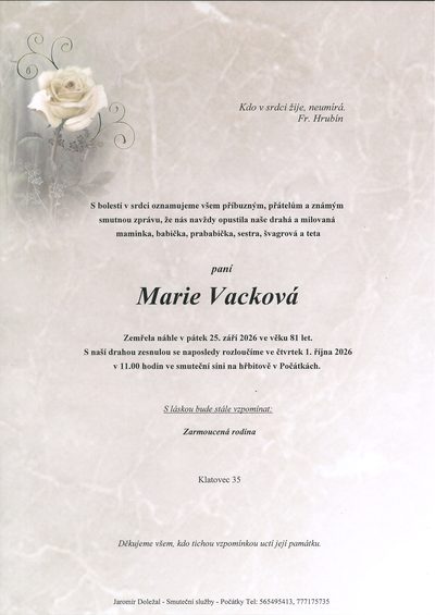 Smuteční oznámení – Marie Vacková