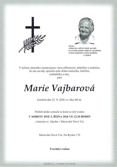 Smuteční oznámení – Marie Vajbarová Vajbarova