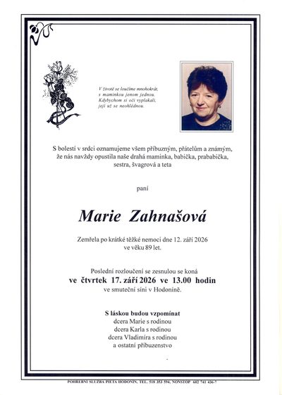 Smuteční oznámení – Marie Zahnasova