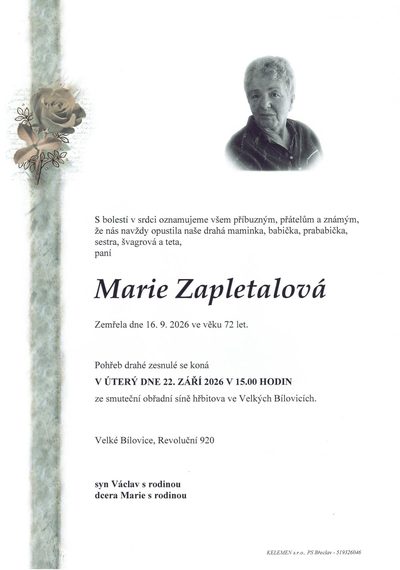 Smuteční oznámení – Marie Zapletalova