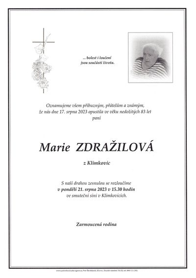 Smuteční oznámení – Marie Zdražilová