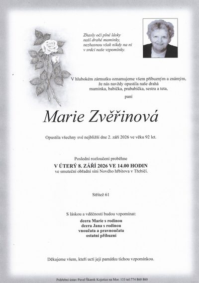 Smuteční oznámení – Marie Zvěřinová