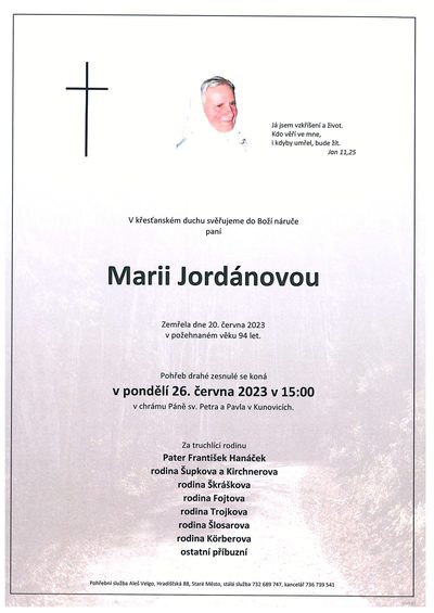 Smuteční oznámení – Marii Jordánovou
