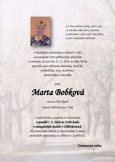 Smuteční oznámení – Marta Bobková