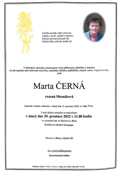Smuteční oznámení – Marta Černá