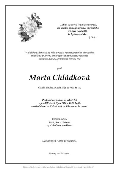 Smuteční oznámení – Marta Chládková