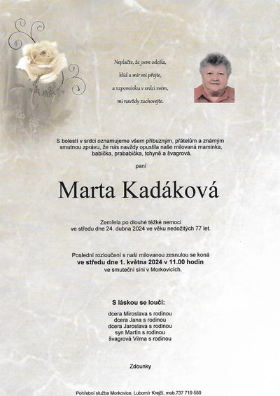 Smuteční oznámení – Marta Kadáková