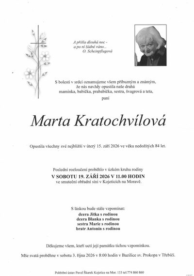 Smuteční oznámení – Marta Kratochvílová