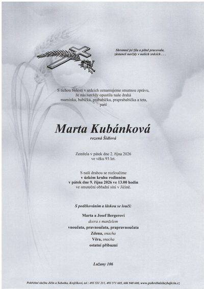Smuteční oznámení – Marta Kubánková