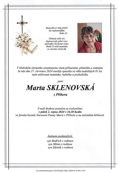 Smuteční oznámení – Marta Sklenovská