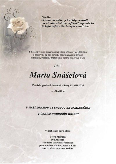 Smuteční oznámení – Marta Snášelová