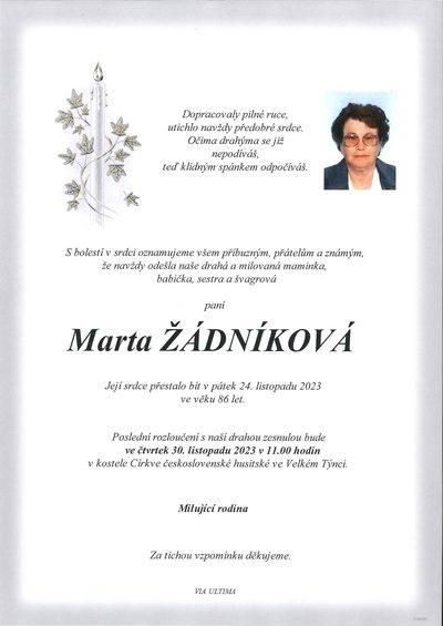 Smuteční oznámení – Marta Žádníková