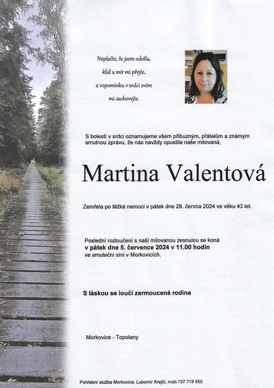Smuteční oznámení – Martina Valentová