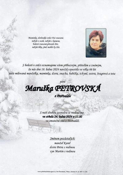 Smuteční oznámení – Maruška Petrovská