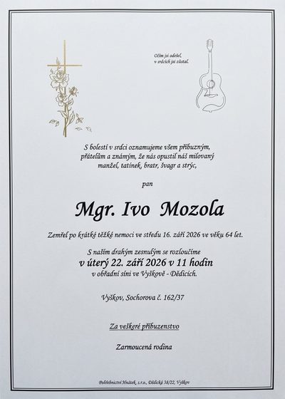 Smuteční oznámení – Mgr. Ivo Mozola